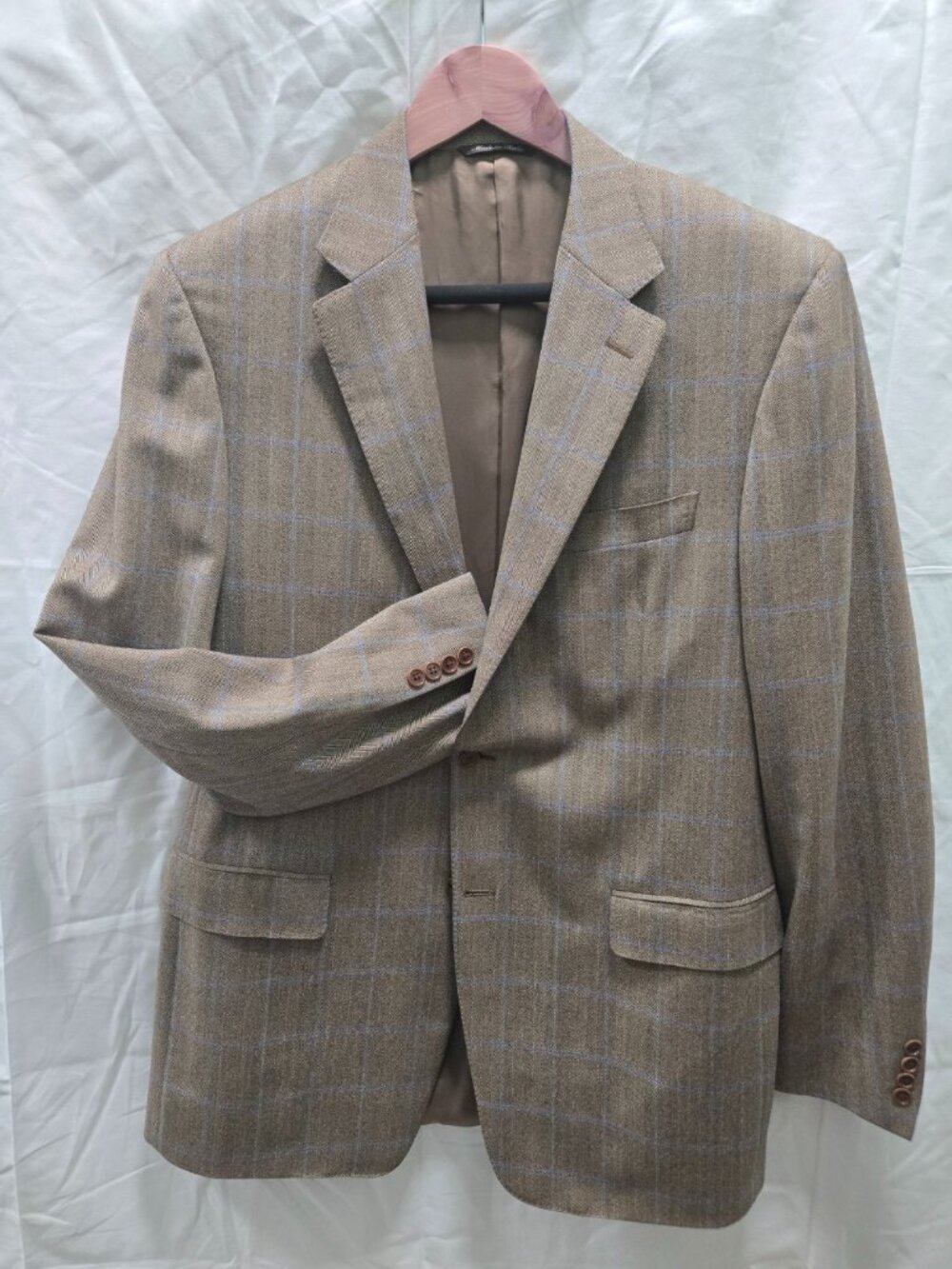 Canali Italy 100% Wool Sport Coat 54L / 44L Tan Herringbone Blue Windowpane